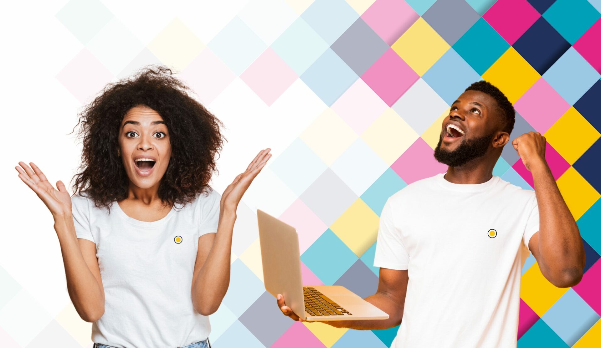 Colourful Squares with two people looking cheerful.