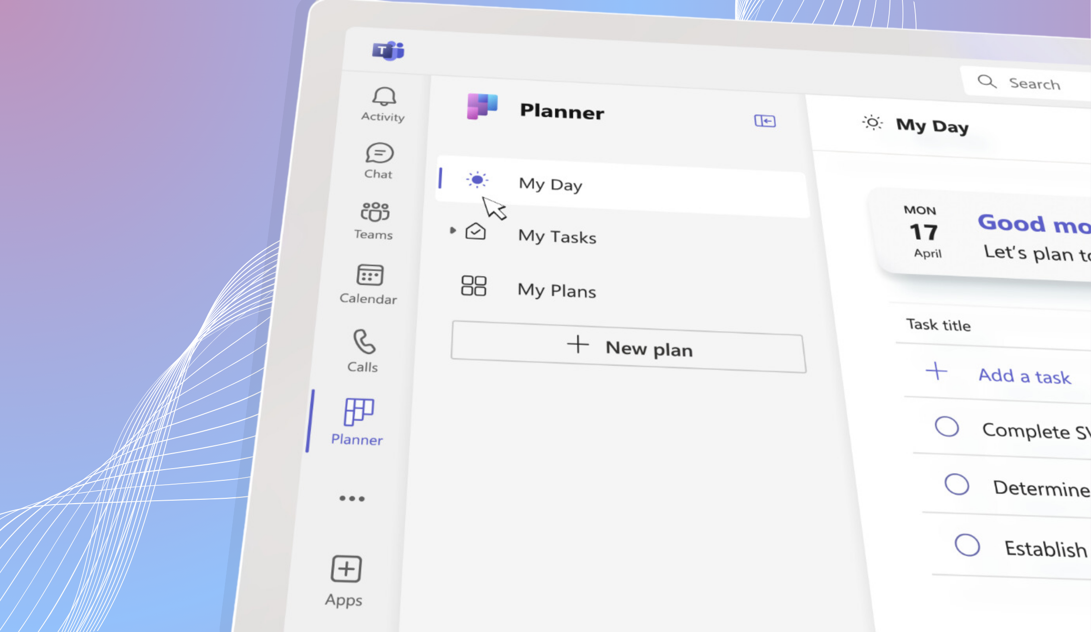 The new planner screen on a purple gradient background.