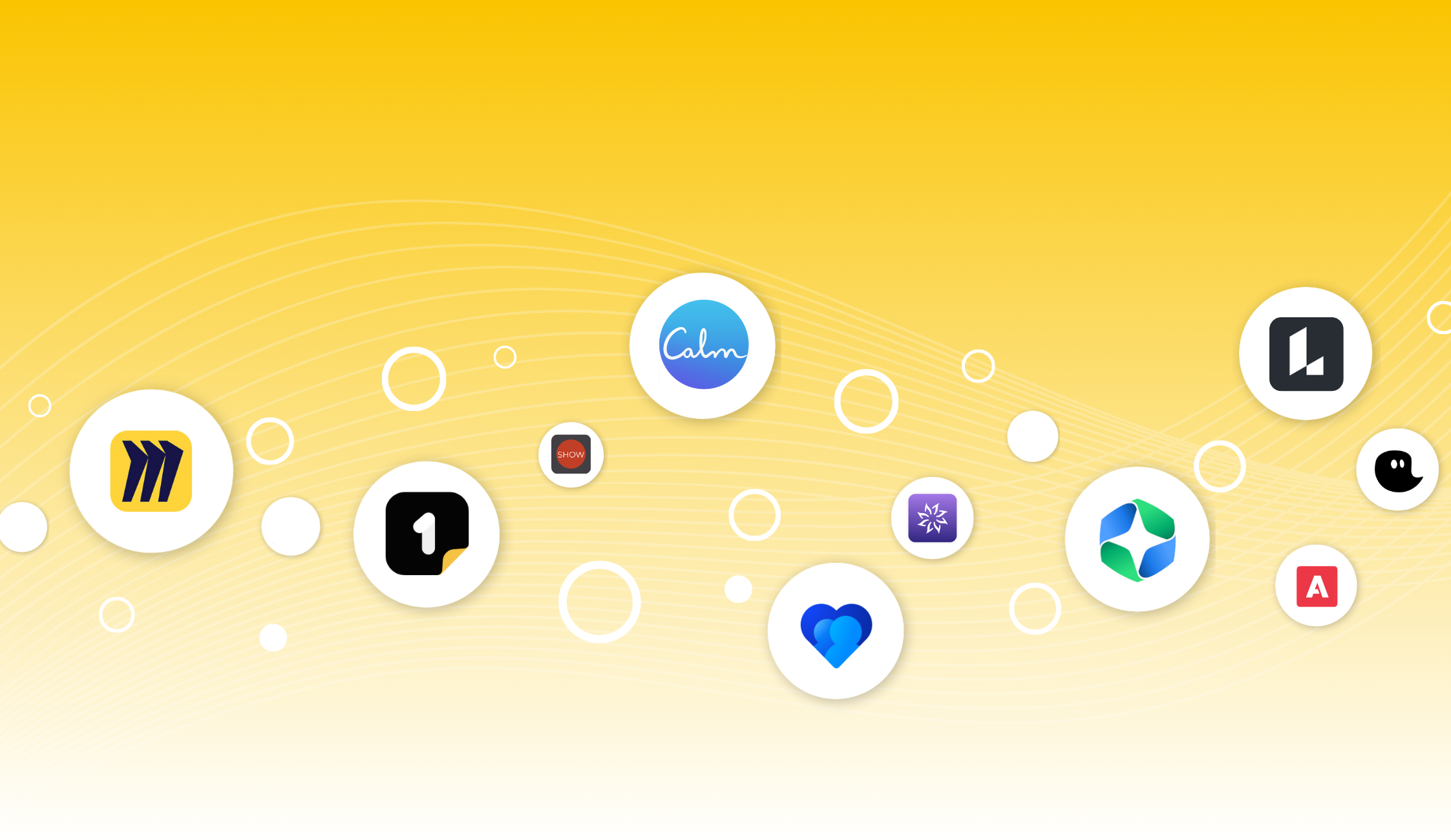 App logos on circles, the apps in the circles are, Miro, Vantage rewards, Calm, Timeghost, 1Page, Alvao, Showmaster, Lucis AI, GoBright and SAP Success Factors.