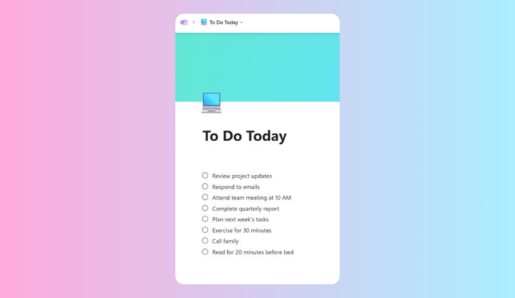 Checklist in Microsoft loop on a pink to blue gradient background