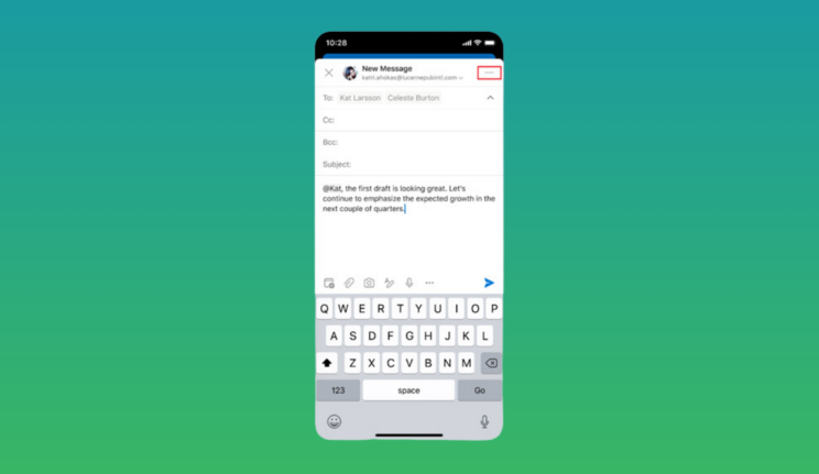 Screenshot of Outlook Mobile draft email feature on an iPhone. The email composition window is open with a partially written message, and a new 'minimise' button is highlighted in the top-right corner, allowing users to save and return to drafts without losing progress.
