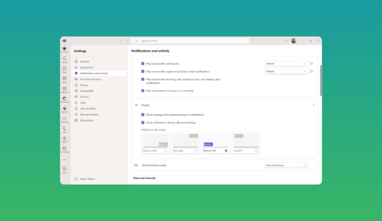 Screenshot of Microsoft Teams notification settings. The interface shows options to customise notification sounds, content previews, and screen positioning. Users can choose where notifications appear on the screen, including bottom right, top right, bottom left, or top left, for a more personalised and less distracting experience.