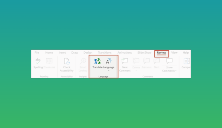 Screenshot of Microsoft PowerPoint's 'Review' tab highlighting the 'Translate Language' feature. The option is located in the toolbar under the Review section, allowing users to easily translate slide content into different languages for more accessible presentations.