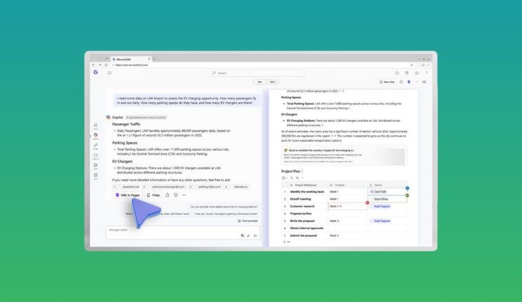 Screenshot of Microsoft Copilot generating content in Microsoft 365. The interface displays an AI-generated summary on passenger traffic, parking spaces, and EV chargers at LAX Airport. It includes a project plan timeline on the right, showing organised tasks and milestones. The 'Edit in Pages' and 'Copy' options are highlighted, demonstrating how Copilot integrates data into structured documents.